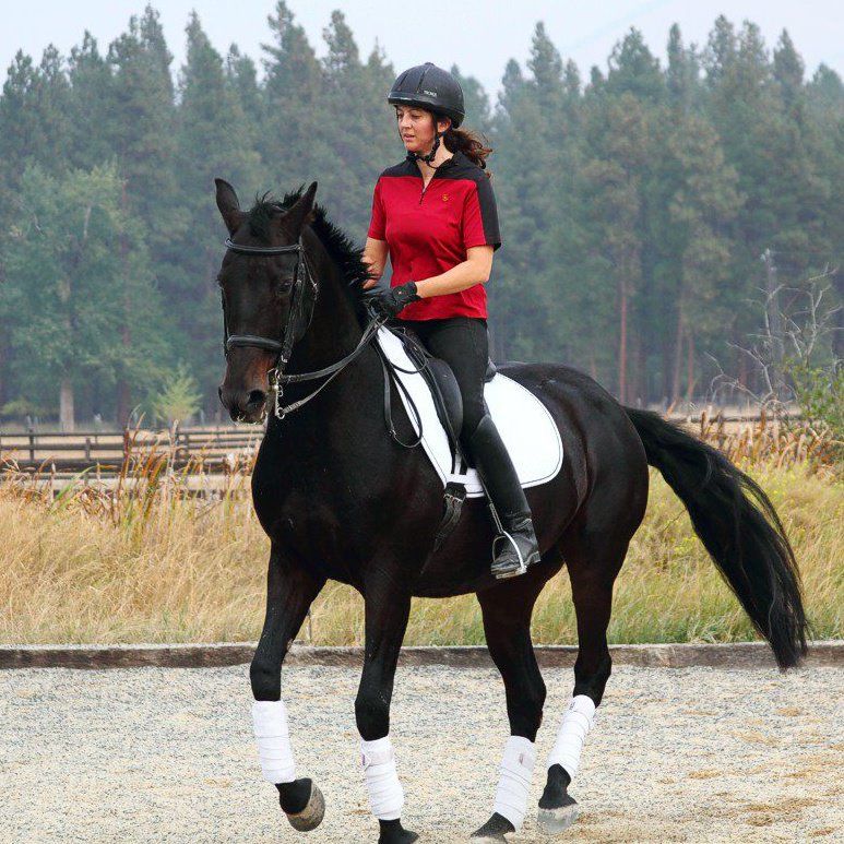 A woman in a red shirt is riding a black horse