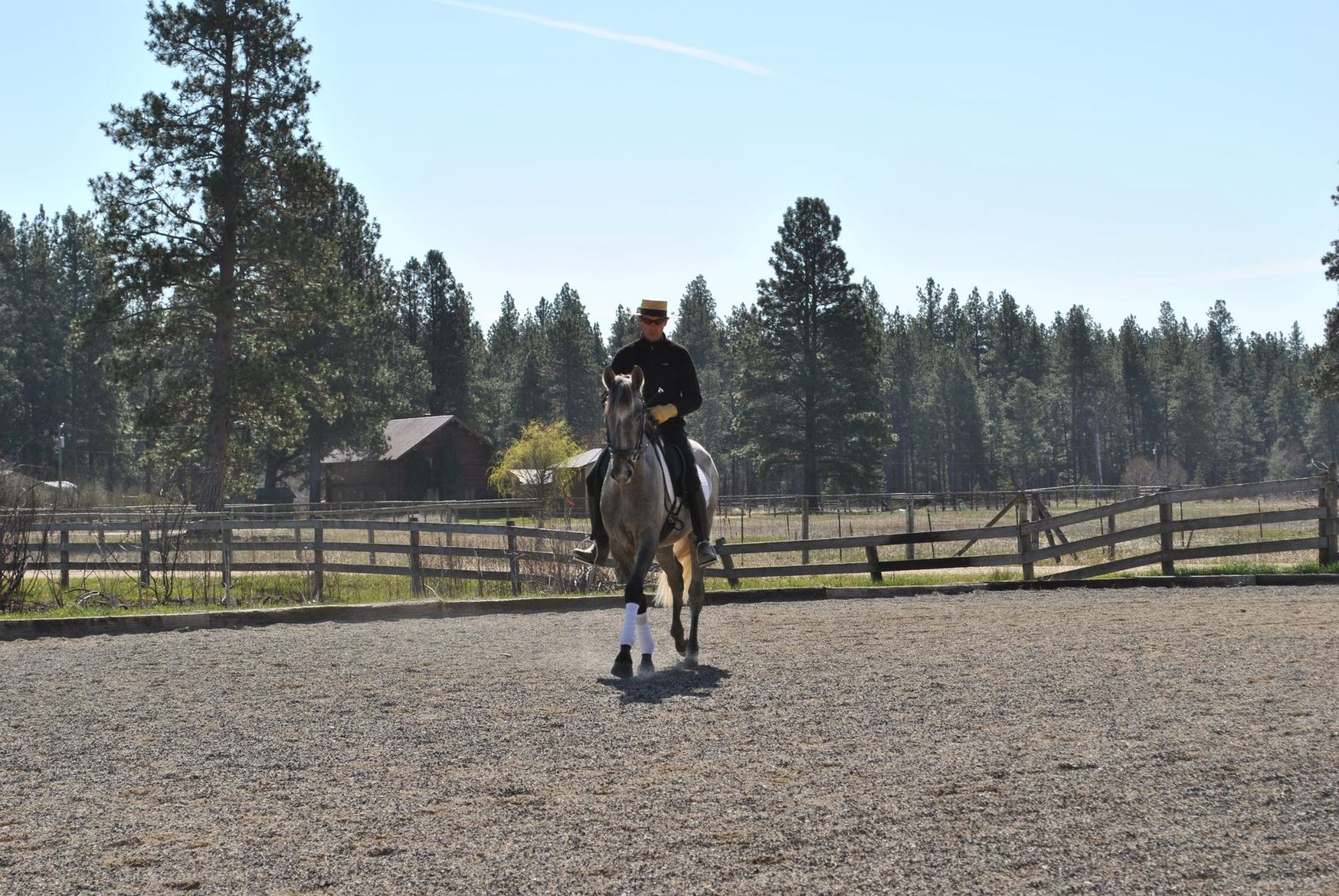 A man riding a horse in a dirt field