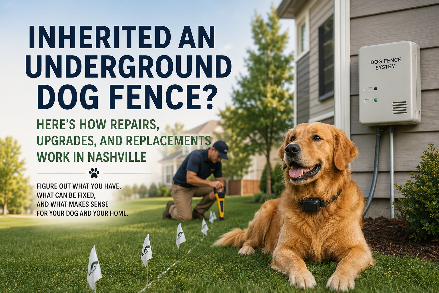 Dog learning hidden fence boundaries with training flags in a Middle Tennessee yard
