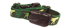 A green and yellow dog collar with a brown buckle on a white background.