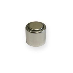 A stainless steel button on a white background.