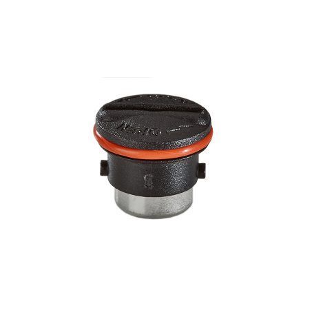 A small black object with a red ring around it on a white background.