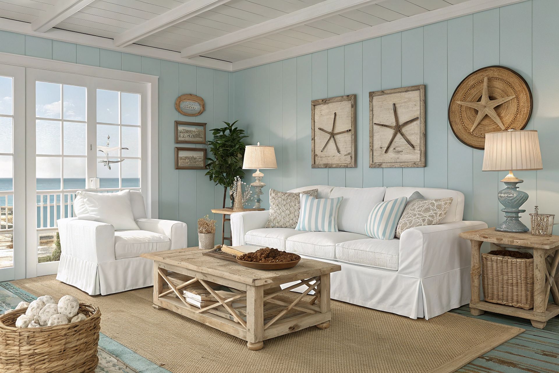 coastal-themed living room with light blue walls, white sofa and armchair, and wooden furniture.