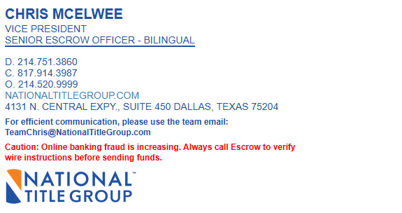 Business card for Chris McElwee, Senior Vice President, National Title Group, with contact details and logo.