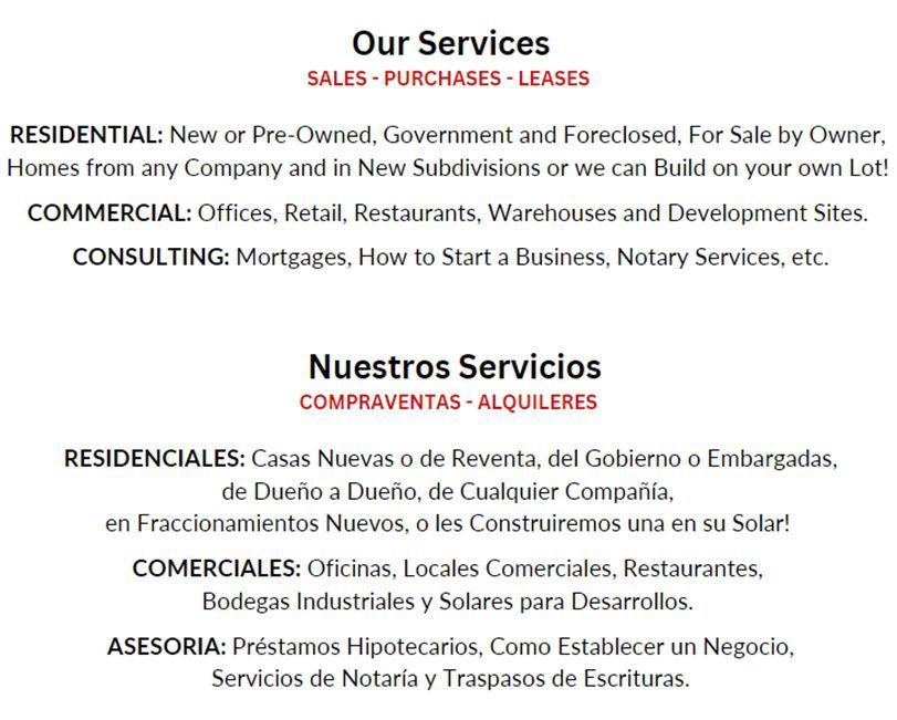 Real estate services flyer in English and Spanish