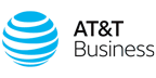 A blue and white at & t business logo on a white background.