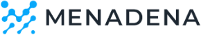 A logo for menadena with blue dots on a white background