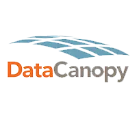 A blue and orange logo for data canopy on a white background.