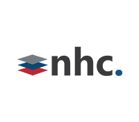 A nhc logo with a stack of blocks on top of each other on a white background.