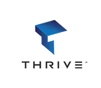 The logo for thrive is a blue t on a white background.