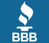 A blue background with a white flame and the letters bbb