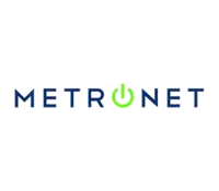 A metronet logo with a green power button on a white background.