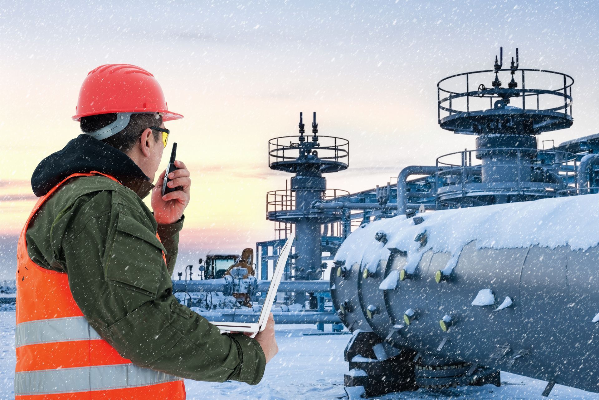 a man wearing a hard hat is talking on a walkie talkie while holding a laptop