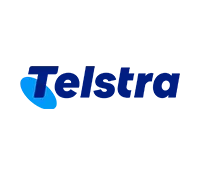 The telstra logo is blue and white on a white background.