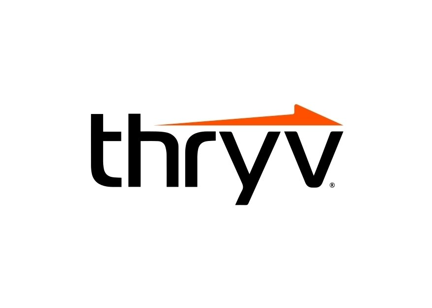The thryv logo is black and orange with an arrow pointing up.