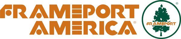 A logo for frameport america with a tree in the middle