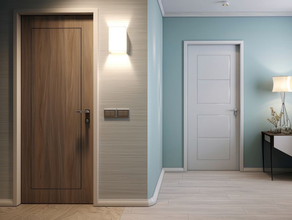 A close up of a pair of white doors in a room.