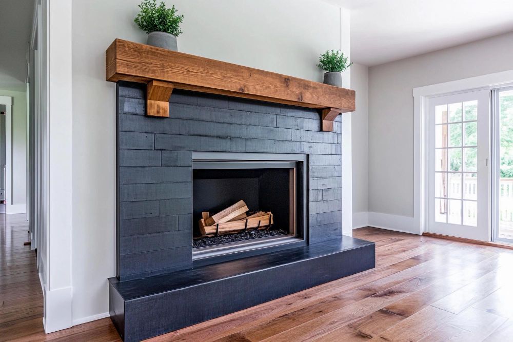 A living room with a fireplace , chairs , coffee table and television.