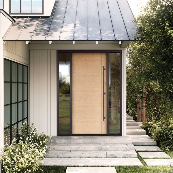 The front door of a house with a black door and a black fence.