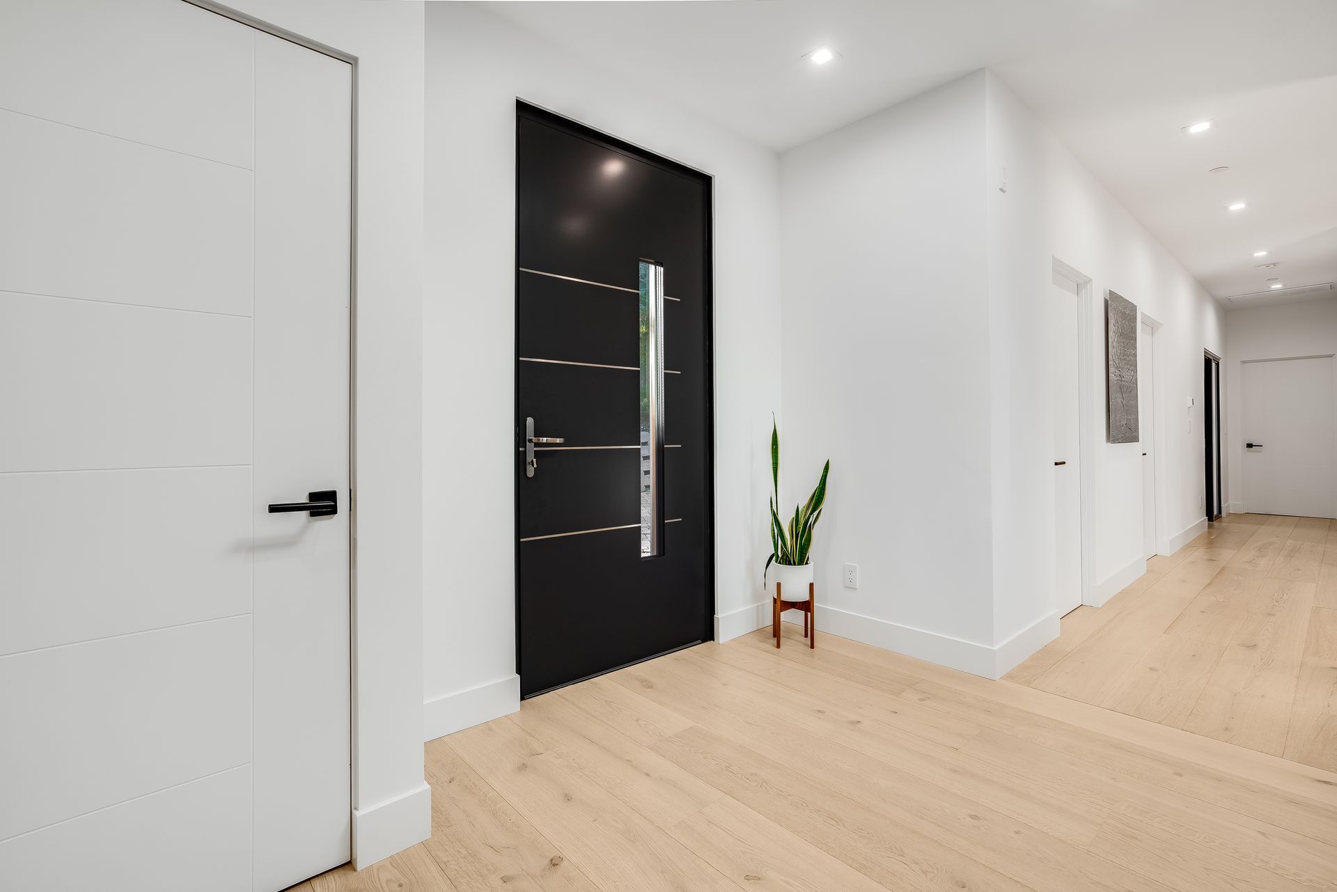 A hallway with a black door and a plant on a stand.