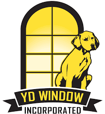 The logo for yd window incorporated shows a dog sitting in front of a window.
