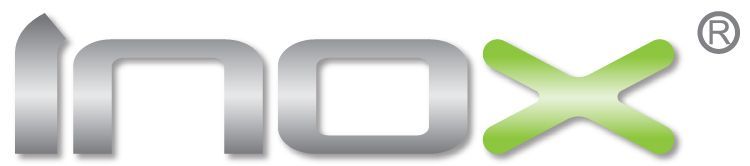 A silver and green inox logo on a white background