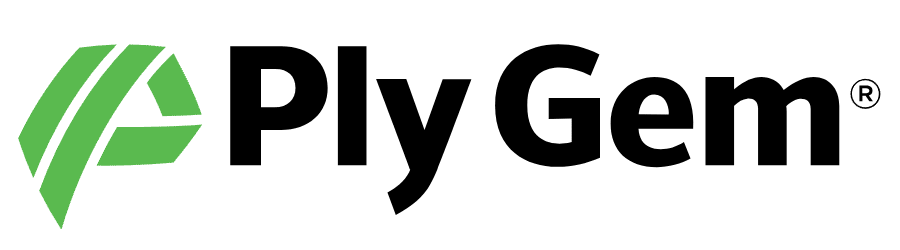 A logo for a company called ply gem with a green arrow.