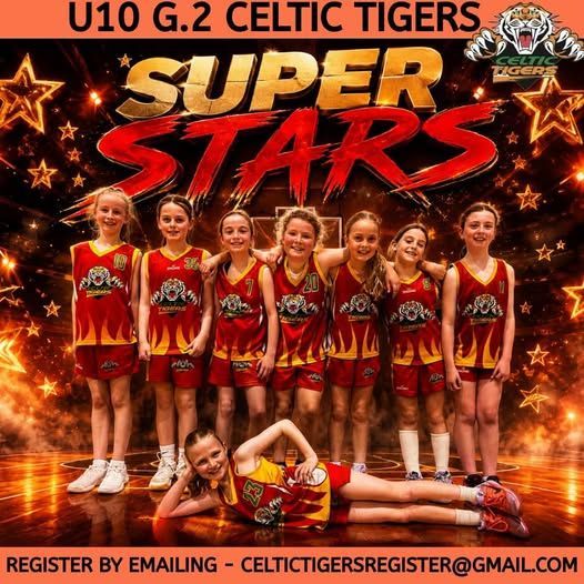 Celtic Tigers U10 G.2 cheer team posing in red uniforms with “Super Stars” text and registration email banner