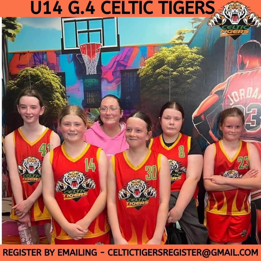 U14 G4 Celtic Tigers girls basketball team posing in red uniforms, with register email banner at bottom