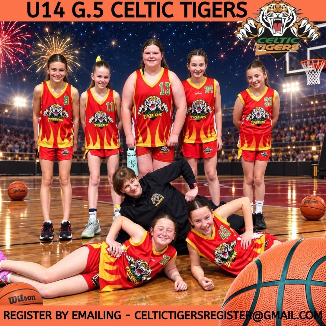 Celtic Tigers U14 girls basketball team in red uniforms posing on a court with a coach.