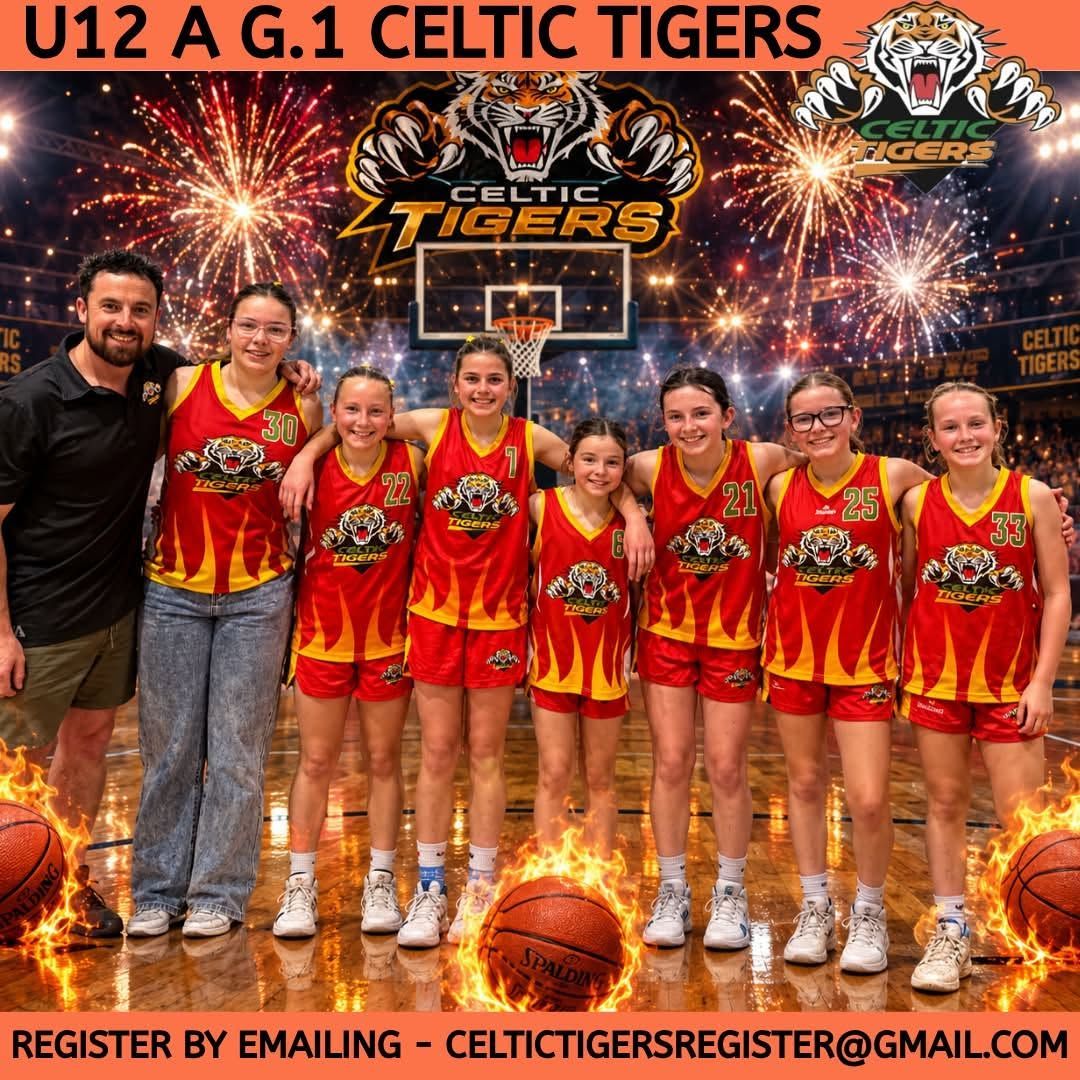 U12 A.G.1 Celtic Tigers team photo with coach in red uniforms, fireworks and club logo backdrop