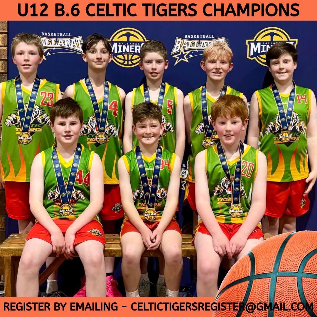 U12 B.6 Celtic Tigers champions posing in medals and green-red uniforms, with banner and basketball background