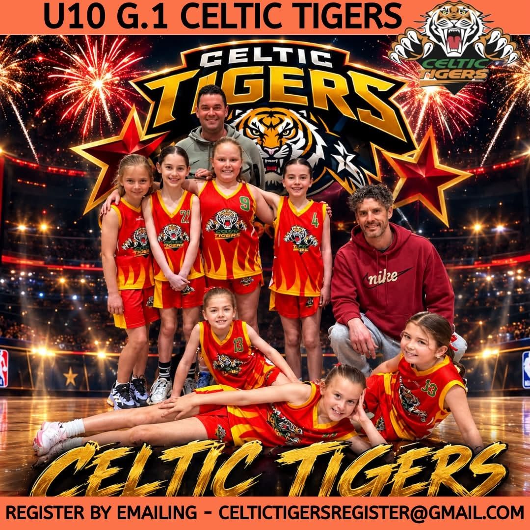 U10 G.1 Celtic Tigers team photo in red uniforms with coach, fireworks backdrop, and registration email banner