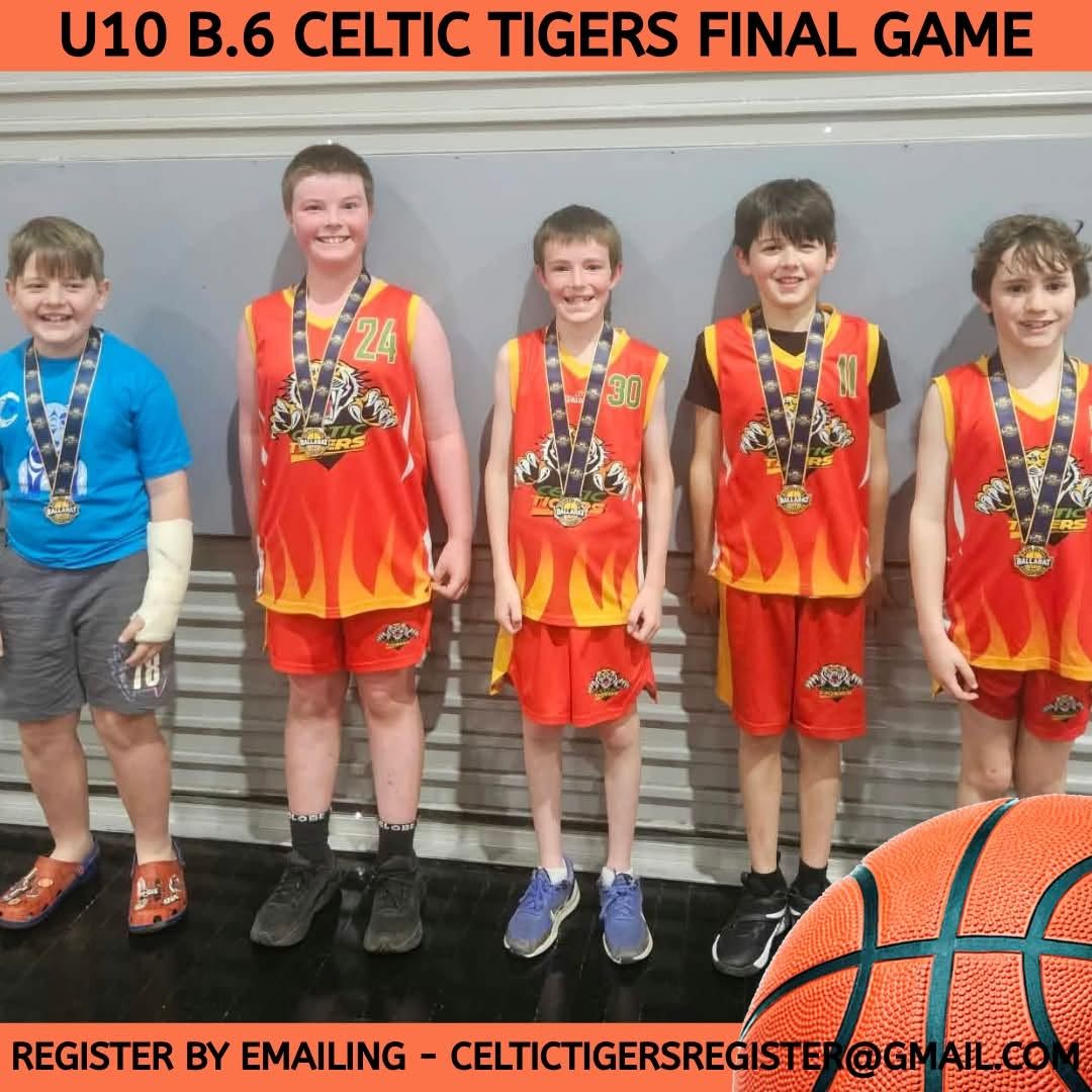 Five children in Celtic Tigers basketball uniforms pose with medals at their final game