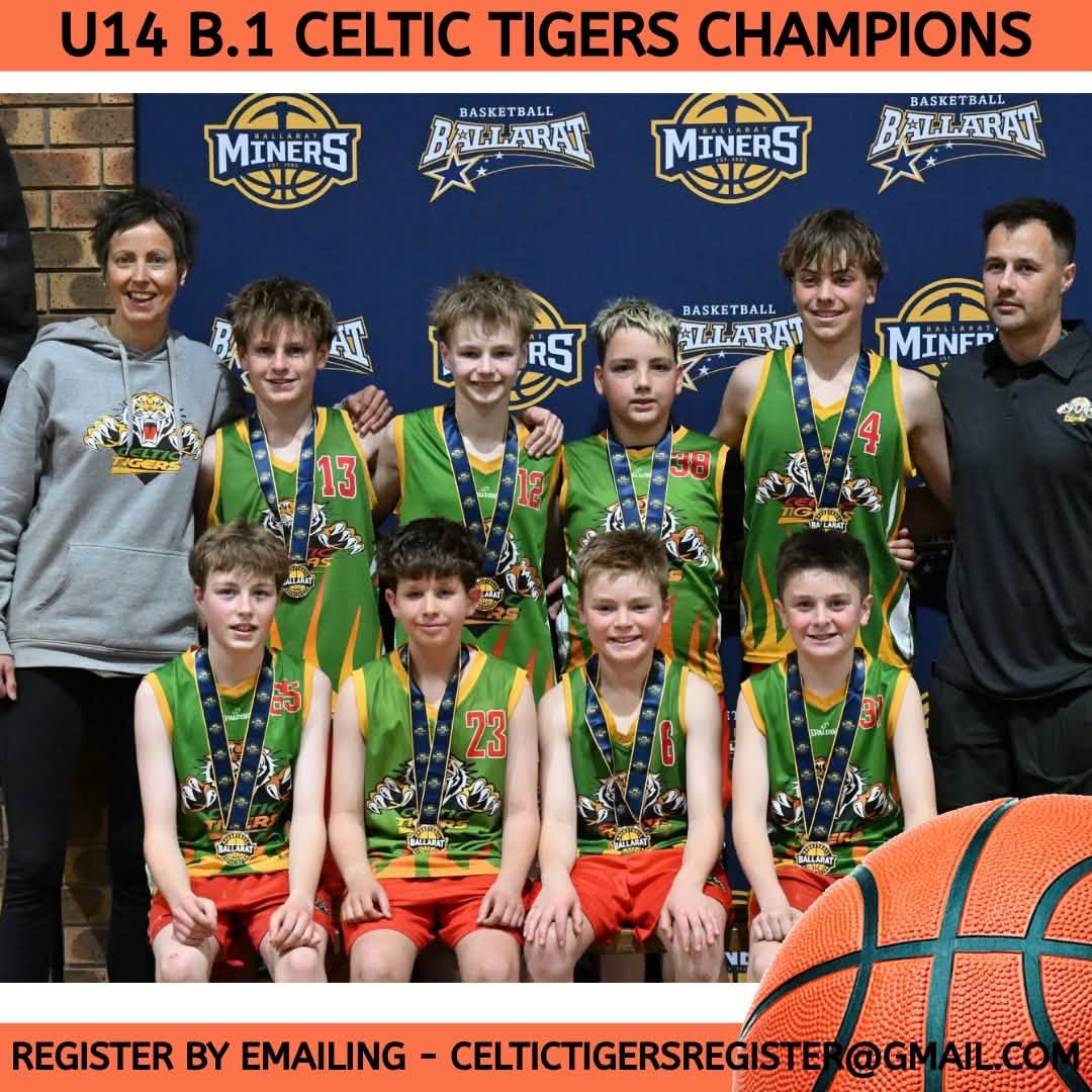 U14 B.1 Celtic Tigers Champions team photo with players and coaches in medals and uniforms