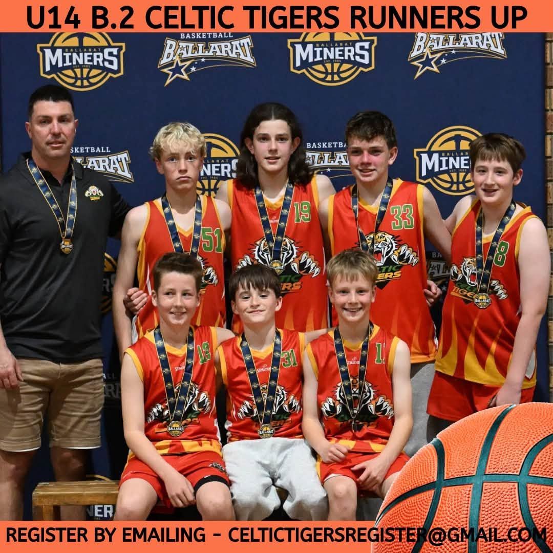 U14 B.2 Celtic Tigers Runners Up team photo with coach, wearing orange jerseys against a team banner backdrop