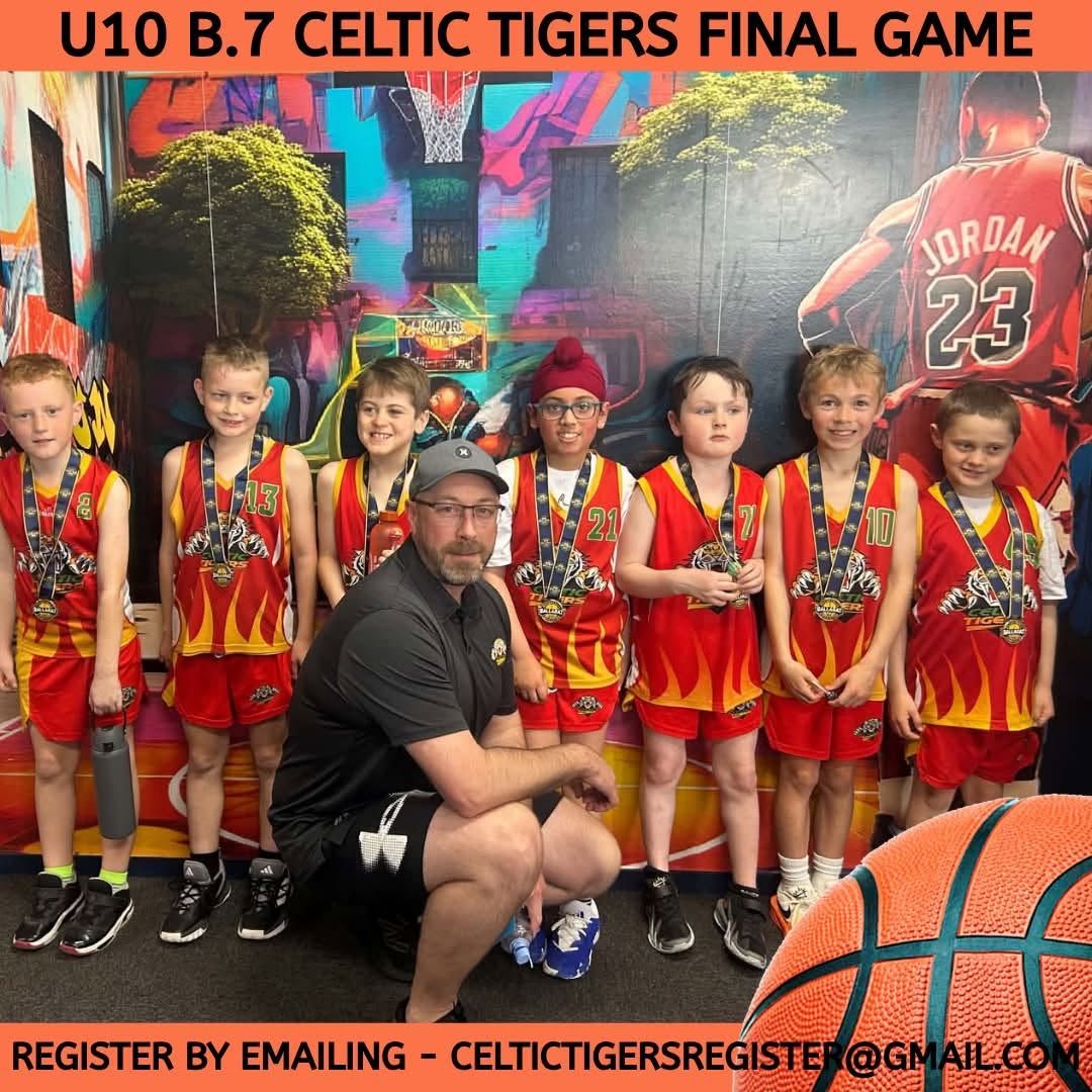 Youth basketball team in red and yellow uniforms posing with coach at a Celtic Tigers final game banner