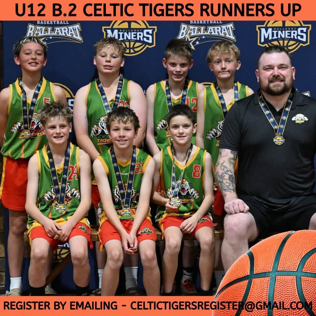 U12 B.2 Celtic Tigers runners-up team photo in green and gold jerseys with coach, email registration banner below