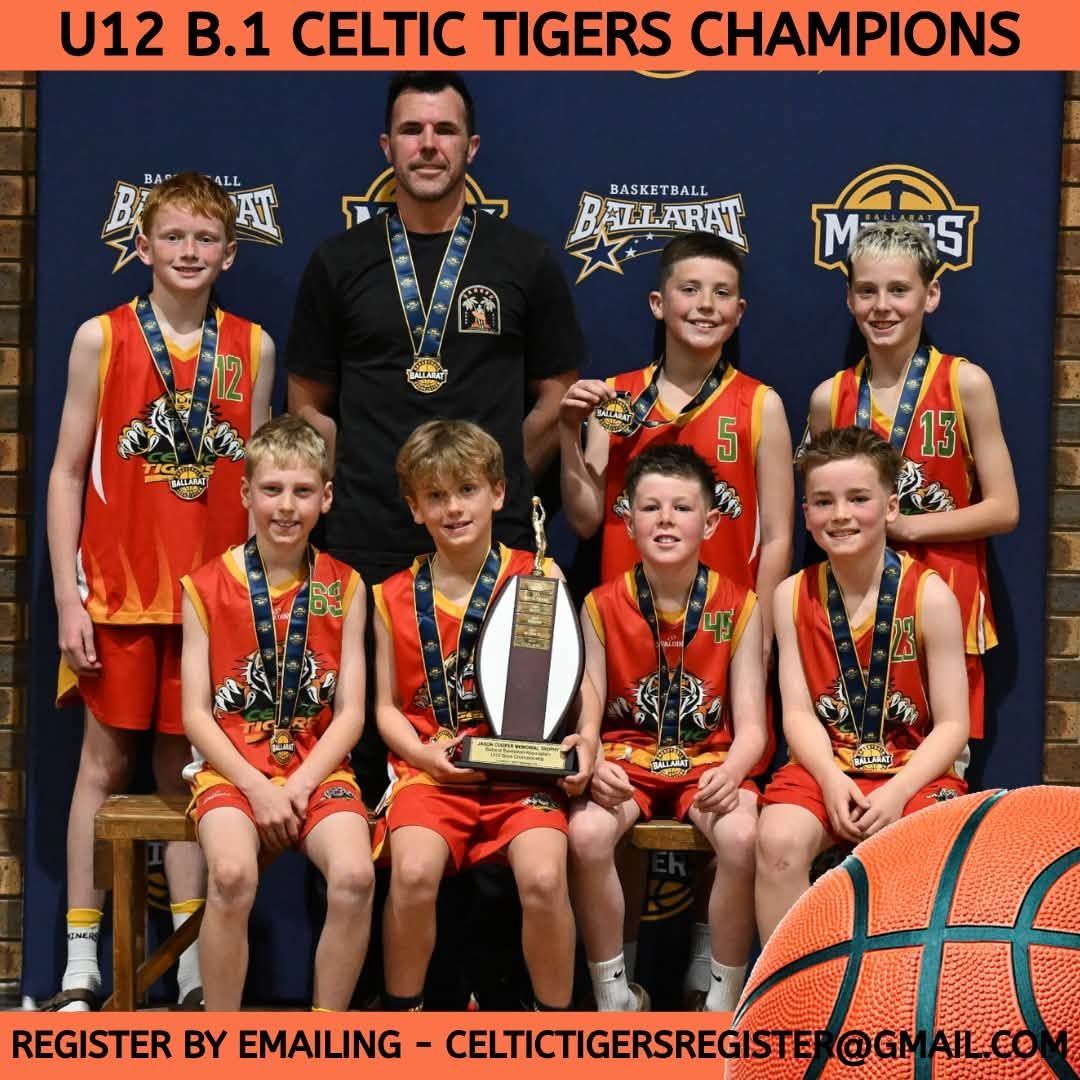 Youth basketball team posing with coach in red and black uniforms, holding a trophy under “U12 B.1 Celtic Tigers Champions” banner