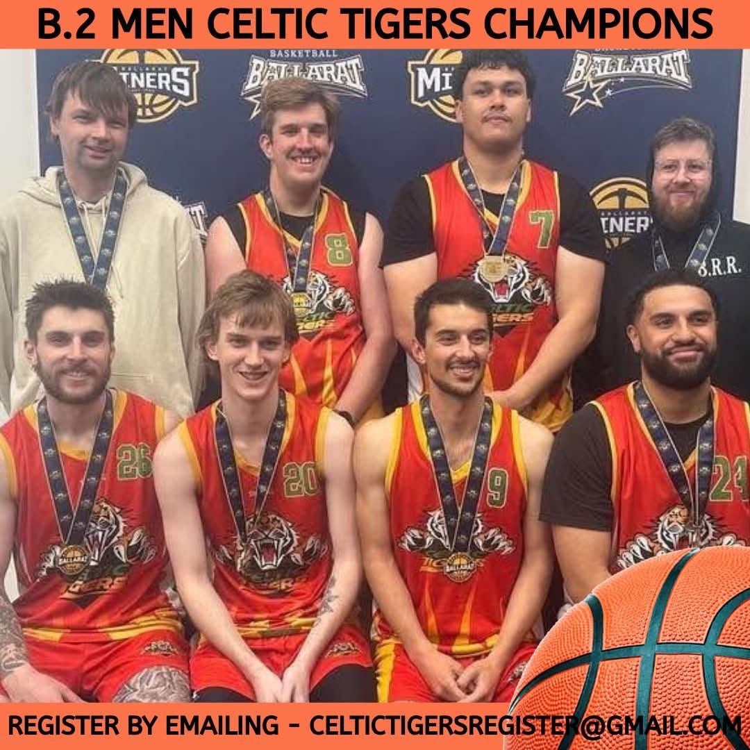 Men’s Celtic Tigers champions team photo in red jerseys with medals, holding a trophy banner