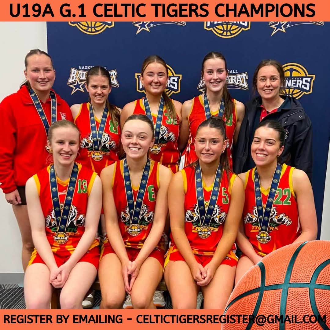 U19A G.1 Celtic Tigers Champions team photo with medals and trophies on a basketball court