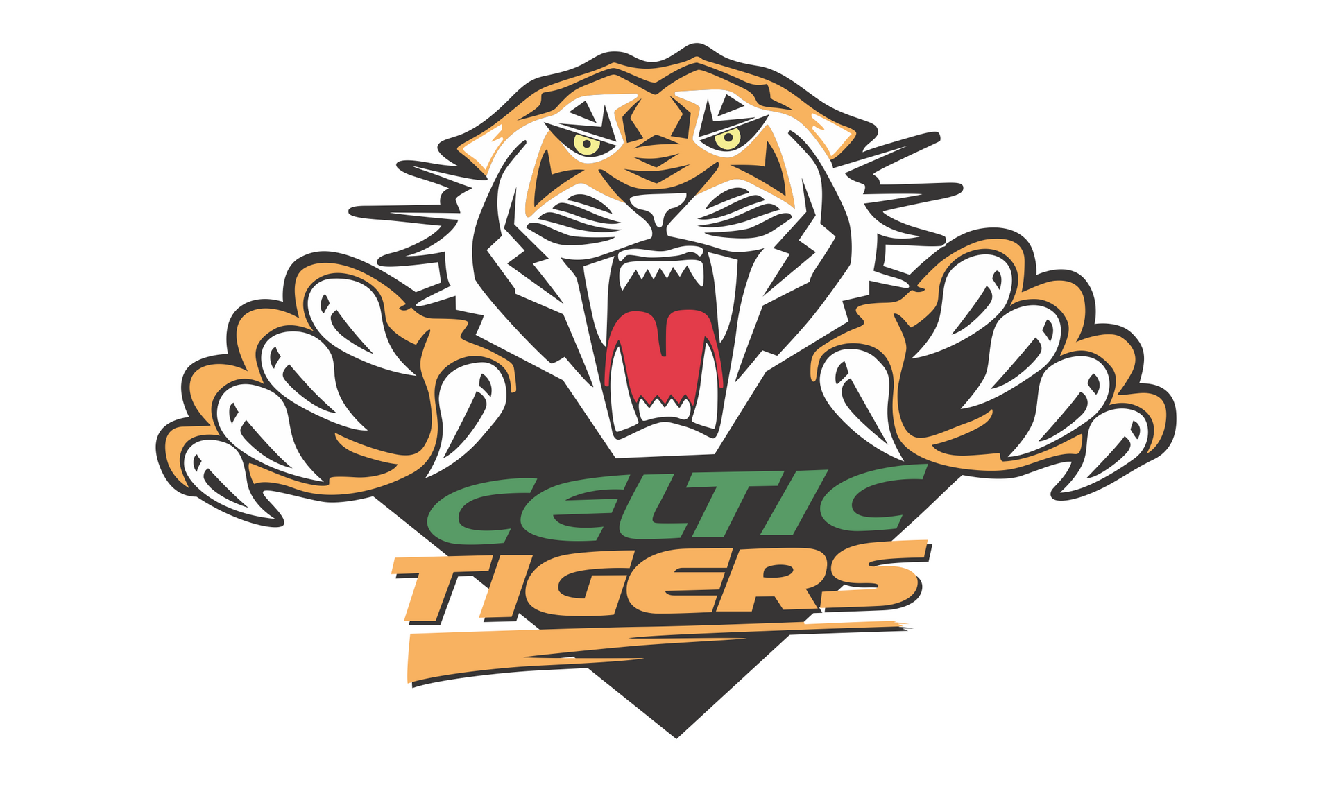 CETL Tigers logo with roaring tiger head and outstretched paws in green and orange