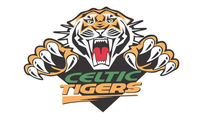 Celtic Tigers logo with a roaring tiger head and clawed paws in green and orange