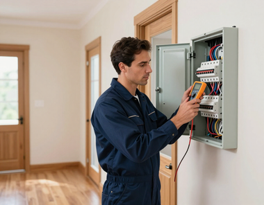 Electrician in blue coveralls checks wiring in an open circuit breaker panel in a hallway.