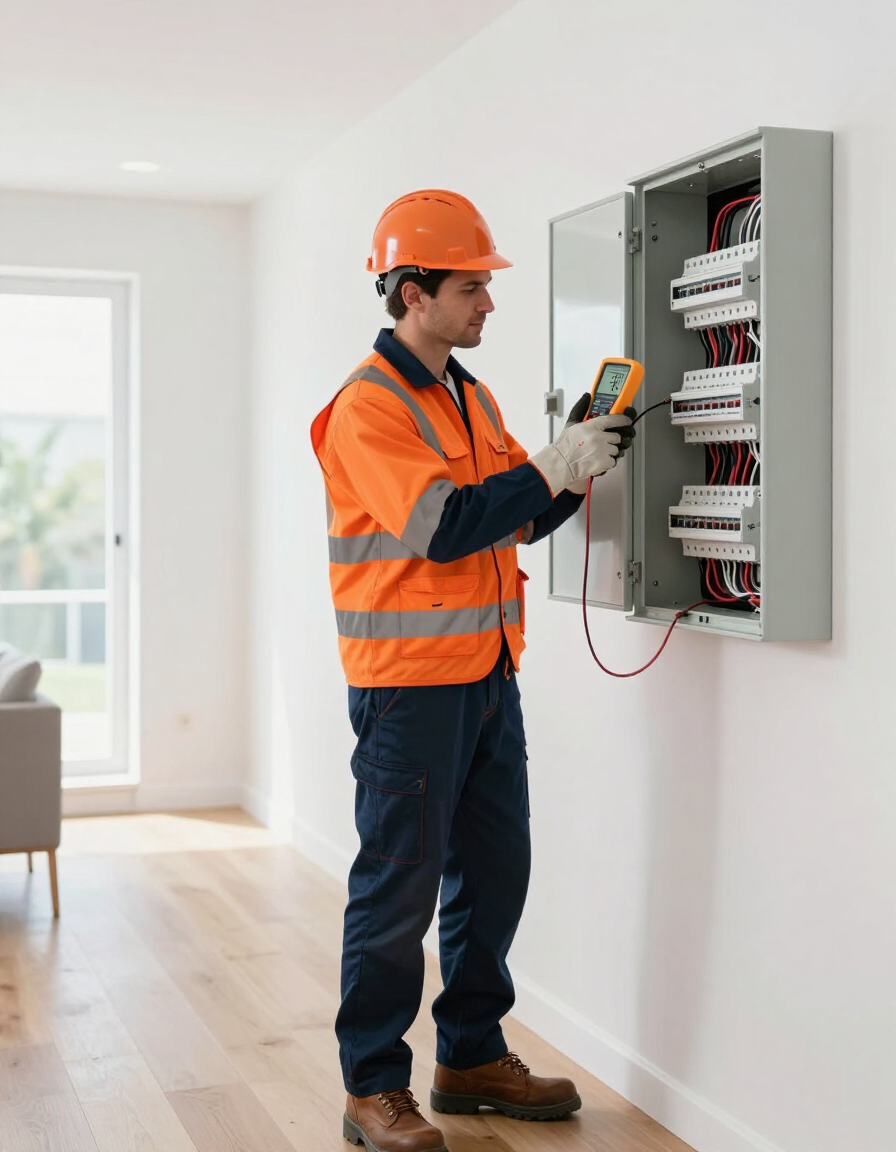 Technician in orange safety gear inspecting an electrical breaker panel with a meter