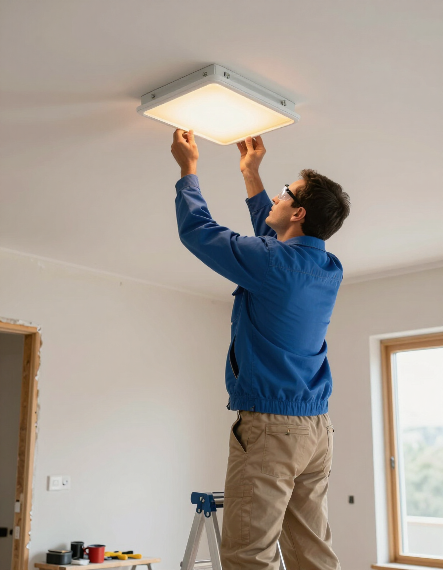 Man installing a square ceiling light in a bright, unfinished room.