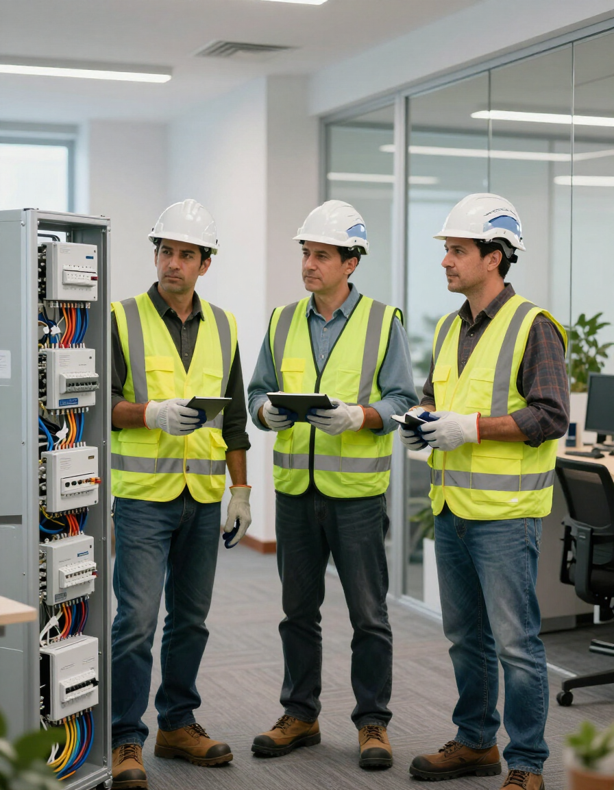 Three engineers in hard hats and safety vests inspecting an electrical control panel in an office.