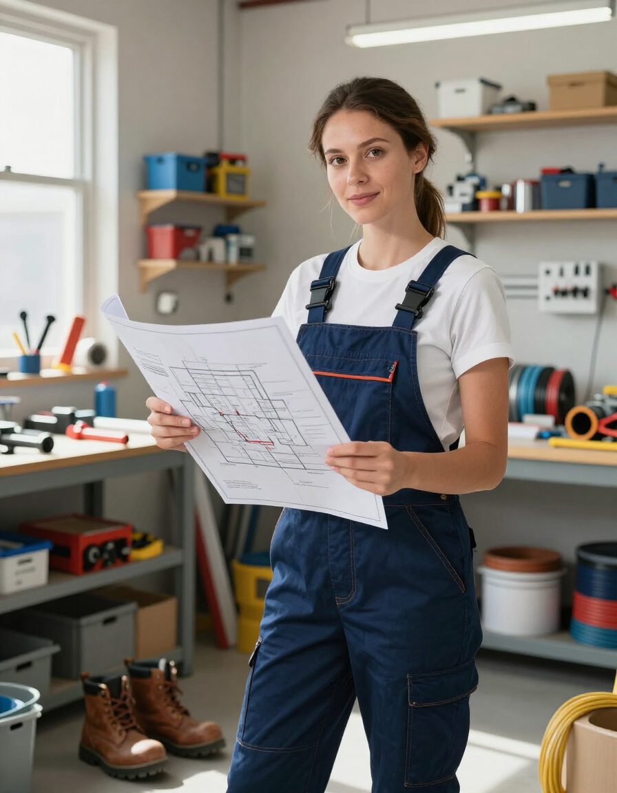 Person in blue overalls holding a blueprint in a workshop, with tools and shelves in the background