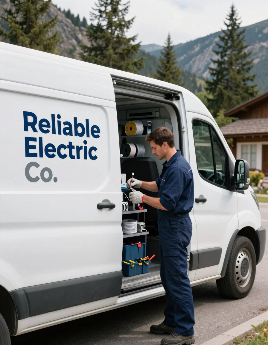 Electrician working beside a white Reliable Electric Co. van on a suburban street