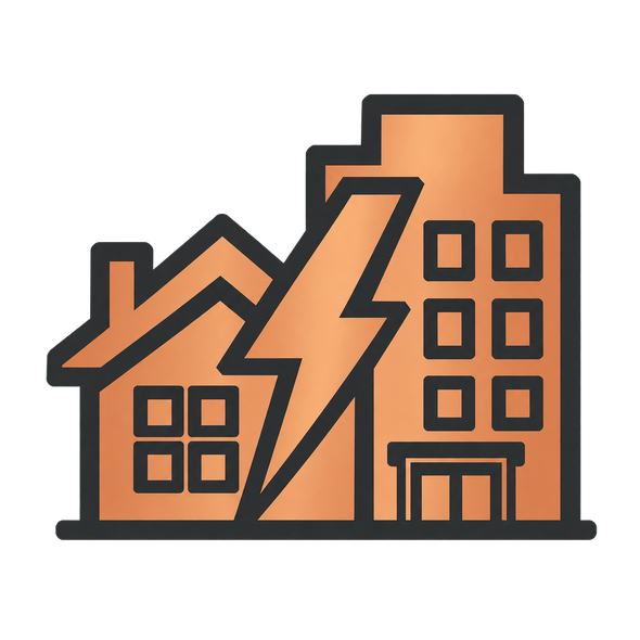 Orange houses with a lightning bolt, suggesting a power outage or electrical issue